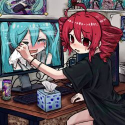 Rule 34 | 2girls, ahoge, aqua hair, bedroom, black shirt, blush stickers, bracelet, bubbacterial, closed eyes, comforting, computer, computer tower, crying, desk, drill hair, energy drink, figure, furrowed brow, gfuel, hatsune miku, highres, holding tissue, indoors, jewelry, kasane teto, keyboard (computer), leaning forward, looking at viewer, looking back, monitor, multiple girls, nervous smile, nervous sweating, open mouth, panicking, poster (object), red eyes, red hair, sakura miku, shelf, shirt, short sleeves, sitting, smile, spyro (series), spyro the dragon, sweat, t-shirt, tears, tissue box, twin drills, utau, vocaloid, wavy mouth, wiping tears