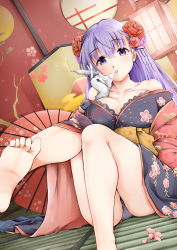Rule 34 | 1girl, alternate costume, barefoot, bb (bb shot!) (fate), bb (fate), black panties, blush, breasts, cleavage, commentary request, fate/grand order, fate (series), feet, floral print, flower, gloves, hair flower, hair ornament, highres, indoors, japanese clothes, kimono, large breasts, legs, long hair, looking at viewer, obi, off shoulder, open clothes, open kimono, panties, purple eyes, purple hair, sash, sezok, soles, solo, toes, underwear, very long hair, white gloves