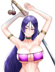 Rule 34 | 1girl, armlet, armpits, bare shoulders, blush, breasts, cleavage, closed mouth, collarbone, fate/grand order, fate (series), gloves, highres, holding, holding weapon, katana, large breasts, long hair, looking at viewer, minamoto no raikou (fate), minamoto no raikou (fate/grand order), minamoto no raikou (swimsuit lancer) (fate), parted bangs, purple eyes, purple hair, simple background, smile, solo, swimsuit, sword, underboob, upper body, very long hair, weapon, white background, yukimune