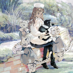 Rule 34 | 1girl, animal, black cat, black dress, black footwear, black pantyhose, blue eyes, boots, bow, bowtie, brick, brown hair, bush, buttons, cat, closed mouth, clothed animal, collared dress, commentary, day, double-breasted, dress, english commentary, frilled dress, frills, full body, fur hat, grass, grey dress, hat, highres, long hair, mixed-language commentary, open mouth, original, outdoors, pantyhose, pink bow, pink bowtie, short dress, sitting, slit pupils, smile, tiger, tono (rt0no), ushanka, very long hair, wavy hair, white dress, white hat, white tiger