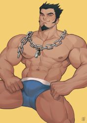 Rule 34 | 1boy, abs, absolum art, bara, beard, black hair, blue male underwear, chain, collar, collarbone, commentary, danganronpa (series), danganronpa 2: goodbye despair, english commentary, facial hair, highres, large pectorals, long sideburns, looking at viewer, male focus, male underwear, monokuma, muscular, muscular male, navel, nidai nekomaru, nipples, pectorals, red eyes, short hair, sideburns, signature, simple background, smile, solo, spread legs, stomach, thighs, topless male, underwear, underwear only, whistle, whistle around neck, yellow background