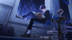 Rule 34 | 1boy, absurdres, armillary sphere, bag, bandaged hand, bandages, black pants, black sweater, blue necktie, book, book stack, brown footwear, closed mouth, collared shirt, cup, from below, full body, glasses, haero, highres, holding, holding book, indoors, kenmochi touya, knee up, loafers, long sleeves, looking at viewer, male focus, necktie, night, night sky, nijisanji, open book, pants, purple hair, reading, shirt, shoes, short hair, sitting, sky, socks, solo, star (sky), starry sky, sweater, vest, virtual youtuber, white shirt, white socks, window, yellow eyes
