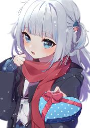 Rule 34 | 1girl, alternate costume, blue eyes, blunt bangs, blush, gawr gura, gift, highres, hinakano h, hololive, hololive english, jacket, looking at viewer, medium hair, open mouth, portrait, scarf, school uniform, simple background, teeth, valentine, virtual youtuber