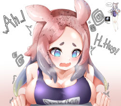 Rule 34 | 1girl, @ @, absurdres, bad id, bad pixiv id, bare shoulders, blue eyes, blue hair, blush, breast press, breasts, commentary, embarrassed, english text, gradient background, green hair, grey hair, hands up, highres, large breasts, long hair, multicolored hair, multiple views, open mouth, original, pink hair, school swimsuit, short eyebrows, sideboob, simple background, swimsuit, symbol-only commentary, tentacle hair, thick eyebrows, upper body, w wonjin, wavy mouth