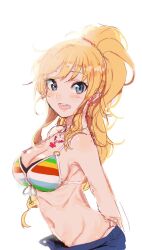 Rule 34 | 1girl, arms behind back, bare shoulders, bead necklace, beads, bikini, blonde hair, blue eyes, blue shorts, blush, breasts, cleavage, collarbone, dot nose, earrings, flower, flower earrings, flower necklace, from side, front-tie bikini top, front-tie top, idolmaster, idolmaster cinderella girls, idolmaster cinderella girls starlight stage, jewelry, large breasts, long hair, looking at viewer, mismatched bikini, navel, necklace, o-ring, o-ring bikini, ohtsuki yui, open mouth, pinch (nesume), pink flower, shorts, simple background, smile, solo, striped bikini, striped clothes, swimsuit, teeth, upper teeth only, wavy hair, white background
