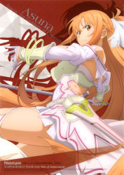 Rule 34 | 1girl, absurdres, armor, asuna (sao), brown eyes, brown hair, dress, english text, gloves, highres, holding, holding sword, holding weapon, long hair, newtype, rapier, sword, sword art online, sword art online: alicization, thighhighs, thighs, tokuoka kouhei, torn clothes, weapon, white armor, white dress, white thighhighs