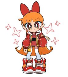 Rule 34 | 1girl, alternate costume, blossom (ppg), blunt bangs, bow, bright pupils, clenched hand, hair behind ear, hair bow, hand in pocket, head tilt, highres, hood, hooded jacket, jacket, kim crab, long hair, orange eyes, orange hair, powerpuff girls, red bow, red jacket, smile, solo, sparkle, thighhighs, white background, white pupils, white thighhighs