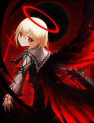 Rule 34 | 1girl, adapted costume, ascot, black vest, blonde hair, bright pupils, closed mouth, clothing cutout, commentary request, cross, cross scar, crossed bangs, darkness, dutch angle, ex-rumia, expressionless, feet out of frame, hair between eyes, halo, highres, holding, holding sword, holding weapon, jitome, long sleeves, looking at viewer, looking back, partial commentary, red eyes, red neckwear, red ribbon, ribbon, rumia, scar, short hair, solo, spark621, sword, torn ascot, torn clothes, touhou, vest, weapon, wings
