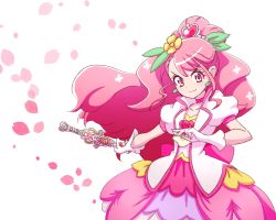 Rule 34 | &gt;:), 1girl, asymmetrical bangs, cherry blossoms, choker, collarbone, commentary request, cure grace, dress, earrings, fighting stance, floating hair, flower, flower (symbol), gloves, hair flower, hair ornament, hanadera nodoka, healin&#039; good precure, healing animal, healing wand, heart, heart hair ornament, heart print, highres, holding, holding wand, jewelry, leaf earrings, long hair, magical girl, partial commentary, petals, pink choker, pink dress, precure, rabirin (precure), short sleeves, simple background, smile, upper body, v-shaped eyebrows, wand, white background, white gloves, wind, zerolay