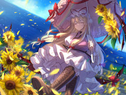 Rule 34 | 1girl, absurdres, blonde hair, boots, brown footwear, closed mouth, cross-laced footwear, day, dress, flower, hair between eyes, hat, hat ribbon, highres, hitomin (ksws7544), holding, holding umbrella, juliet sleeves, lace-up boots, long hair, long sleeves, mob cap, puffy sleeves, red ribbon, ribbon, smile, solo, sunflower, tabard, touhou, umbrella, white dress, white hat, yakumo yukari, yellow flower