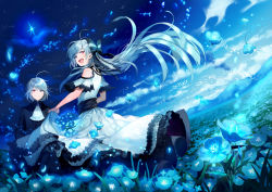 Rule 34 | 1boy, 1girl, :d, black bow, blue flower, bow, dress, floating hair, flower, formal, grey eyes, hair bow, heterochromia, highres, long hair, looking at viewer, looking back, mocco, night, open mouth, original, outdoors, petals, red eyes, short sleeves, silver hair, skirt hold, sky, smile, star (sky), starry sky, very long hair, white dress