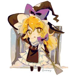 Rule 34 | 1girl, black footwear, black hat, black vest, blonde hair, blush, boots, bow, braid, broom, full body, hair between eyes, hair bow, hat, hat bow, highres, kirisame marisa, long hair, long sleeves, open mouth, purple bow, scarf, single braid, skirt, snow, solo, touhou, tree, vest, white scarf, white skirt, witch hat, yellow eyes, youshouhaoxianzhe