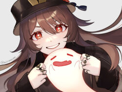 Rule 34 | 1girl, boo tao (genshin impact), brown hair, cheek pull, fang, flower, flower-shaped pupils, genshin impact, ghost, grin, hair between eyes, hat, highres, hu tao (genshin impact), jewelry, long hair, mirin., multiple rings, plum blossoms, red eyes, ring, skin fang, smile, solo, symbol-shaped pupils, twintails, twitter username