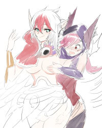 Rule 34 | 2girls, belt, blush, breasts, cape, cleavage, cloak, couple, covering privates, covering breasts, gender request, genderswap, highres, league of legends, multicolored hair, multiple girls, purple hair, rakan (league of legends), red hair, rope, short hair, skull, white hair, xayah, yuri