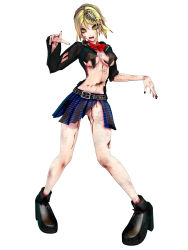 Rule 34 | 1girl, black footwear, black jacket, blazer, blonde hair, blood, blood on clothes, blood on face, blood on hands, blood on leg, blue skirt, bow, bowtie, breasts, breasts apart, bruise, bug, cafe no zombi-ko, cafe no zombi-ko (1st costume), calne ca (deino), cockroach, commentary request, deino (deino3330), full body, green eyes, high heels, highres, indie virtual youtuber, injury, insect, jacket, looking at viewer, medium breasts, midriff, miniskirt, open clothes, open jacket, open mouth, plaid, plaid skirt, red bow, red bowtie, short hair, simple background, skirt, solo, standing, torn clothes, torn jacket, torn skirt, underboob, virtual youtuber, white background, zombie