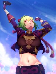 Rule 34 | 1girl, ^ ^, absurdres, arms up, black shirt, blue sky, breasts, chiisaisan, closed eyes, cloud, commentary, commission, crop top, day, english commentary, fingerless gloves, genshin impact, gloves, green hair, groin, highres, holding, jacket, kuki shinobu, long sleeves, medium breasts, midriff, navel, open clothes, open jacket, purple jacket, shirt, short hair, sky, solo, stomach, stretching, upper body