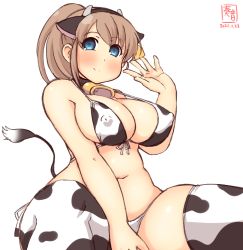 Rule 34 | 1girl, alternate costume, animal ears, animal print, artist logo, bell, bikini, blue eyes, breasts, brown hair, commentary request, covered erect nipples, cow ears, cow horns, cow print, cow tail, cowbell, cowboy shot, dated, fake animal ears, fake horns, highres, horns, intrepid (kancolle), kanon (kurogane knights), kantai collection, large breasts, ponytail, short hair, side-tie bikini bottom, simple background, sitting, solo, swimsuit, tail, thighhighs, white background, white bikini, white thighhighs