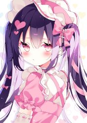 Rule 34 | 1girl, black hair, blush, child, dress, elbow gloves, from behind, gloves, hair between eyes, hair ornament, hair ribbon, hat, heart, heart hair ornament, highres, long hair, looking at viewer, original, ping, pink eyes, pink ribbon, ribbon, short sleeves, solo, suisei 1121, twintails, white gloves, white hat