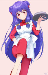 Rule 34 | 1girl, apron, basa rutan, bell, blush, bow, bowl, china dress, chinese clothes, closed mouth, commentary request, double bun, dress, frilled apron, frills, hair bell, hair between eyes, hair bow, hair bun, hair ornament, hand up, head tilt, highres, holding, holding tray, jingle bell, long hair, pink background, purple hair, ranma 1/2, red bow, red dress, red eyes, red footwear, shampoo (ranma 1/2), shoes, sidelocks, signature, simple background, solo, standing, standing on one leg, tray, very long hair, white apron