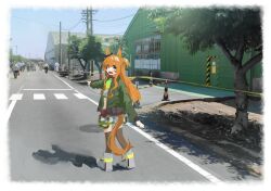 Rule 34 | 1girl, animal ears, boots, brown thighhighs, crop top, crosswalk, day, green jacket, highres, horse ears, horse girl, horse tail, jacket, long hair, long sleeves, looking at viewer, looking back, mayano top gun (umamusume), open clothes, open jacket, open mouth, orange hair, outdoors, outstretched arm, people, photo background, pointing, ram (p searam), shadow, shirt, shorts, smile, standing, tail, thighhighs, tree, two side up, umamusume, white shorts