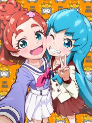 Rule 34 | 10s, 2girls, :d, blue eyes, blue hair, blush, bow, brown hair, cheek-to-cheek, eyebrows, go! princess precure, grin, hair ornament, hairclip, happinesscharge precure!, haruno haruka, heads together, long hair, looking at viewer, multiple girls, open mouth, pink bow, pleated skirt, precure, red skirt, school uniform, shirayuki hime, short hair, skirt, smile, thick eyebrows, uganda (ugandam 00), v, white skirt