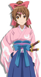 Rule 34 | 10s, 1girl, blue hakama, bow, brown eyes, brown hair, chuunibyou demo koi ga shitai!, cosplay, cp9a, hair between eyes, hair bow, hair ornament, hairclip, hakama, hakama skirt, hand on own hip, head tilt, high ponytail, japanese clothes, kimono, kokonoe yae, kokonoe yae (cosplay), long hair, looking at viewer, nibutani shinka, pink kimono, red bow, simple background, skirt, smile, solo, sword, voice actor connection, weapon, white background