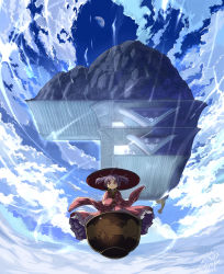Rule 34 | 1girl, black hat, blue sky, bowl, bowl hat, cloud, floating island, frilled kimono, frills, full body, hat, highres, in-universe location, japanese clothes, kimono, long sleeves, looking at viewer, outdoors, purple hair, red eyes, red kimono, rock, short hair, sky, solo, sukuna shinmyoumaru, syope, touhou, wide sleeves