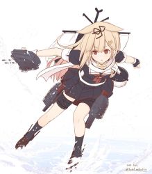 Rule 34 | 1girl, adapted turret, black ribbon, black serafuku, black skirt, blonde hair, cannon, commentary request, fingerless gloves, fujisaki yuu, gloves, gradient hair, hair flaps, hair ornament, hair ribbon, hairclip, kantai collection, long hair, machinery, multicolored hair, neckerchief, one-hour drawing challenge, pleated skirt, red eyes, red neckerchief, ribbon, scarf, school uniform, serafuku, skirt, solo, thigh strap, torpedo launcher, turret, white scarf, yuudachi (kancolle), yuudachi kai ni (kancolle)