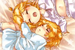 Rule 34 | 1boy, 1girl, bed sheet, blonde hair, blue pajamas, blush, brother and sister, child, clothes lift, closed eyes, fetal position, grabbing another&#039;s hair, hair ornament, hairclip, kagamine len, kagamine rin, lying, messy, midriff peek, mutsuo (ragi-ichi), navel, on back, on side, open mouth, pajamas, parted lips, pink pajamas, saliva, shirt lift, short ponytail, siblings, sleeping, star (sky), star (symbol), starry background, twins, vocaloid, aged down