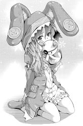 Rule 34 | 10s, 1girl, animal ears, animal hood, bad id, bad pixiv id, bow, button eyes, buttons, coat, date a live, eyepatch, full body, grey background, greyscale, hand puppet, hood, hoodie, kneeling, long hair, looking at viewer, monochrome, pocket, puppet, rabbit, rabbit ears, simple background, solo, stuffed animal, stuffed rabbit, stuffed toy, tsutsumi (low-tension), yoshino (date a live), yoshinon