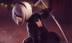 Rule 34 | 1girl, android, artist name, backlighting, black dress, black gloves, blindfold, blurry, covered eyes, depth of field, dress, gloves, hairband, holding, holding sword, holding weapon, juliet sleeves, katana, koyorin, long sleeves, mole, mole under mouth, nier (series), nier:automata, outstretched arm, parted lips, puffy sleeves, red lips, short hair, silver hair, solo, sword, tassel, unsheathed, upper body, watermark, weapon, web address, 2b (nier:automata)