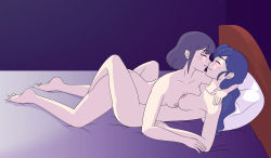 Rule 34 | 2girls, alternate hairstyle, arms behind head, avery (little witch academia), bed, blue hair, blush, couple, closed eyes, full body, girl on top, highres, imminent kiss, leg lock, little witch academia, lying, mary (little witch academia), multiple girls, nude, purple hair, short hair, smile, stargazingori, yuri