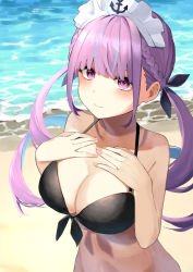 Rule 34 | 1girl, absurdres, beach, bikini, black bikini, blue hair, braid, breasts, cleavage, closed mouth, collarbone, colored inner hair, commentary request, hair ribbon, hands on own chest, highres, hololive, jun (30409972), large breasts, long hair, looking at viewer, minato aqua, multicolored hair, ocean, purple eyes, purple hair, ribbon, solo, streaked hair, swimsuit, twintails, two-tone hair, upper body, virtual youtuber