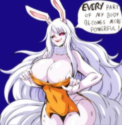 Rule 34 | 1girl, alternate breast size, animal nose, areola slip, body fur, breasts, carrot (one piece), cleavage, detached collar, english text, fingernails, furry, furry female, glowing, highres, huge breasts, large breasts, lewdamone, long hair, one piece, purple background, rabbit, rabbit girl, red eyes, sharp fingernails, silver hair, simple background, smile, solo, speech bubble, sulong form, tail, teeth, upper teeth only, very long hair, wide hips