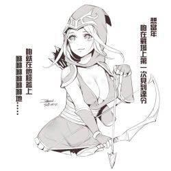Rule 34 | 1girl, ashe (league of legends), blush, breasts, character request, chinese text, cleavage, ejami, greyscale, groin, league of legends, long hair, monochrome, simple background, smile, solo, white background