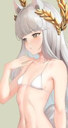 Rule 34 | 1girl, :t, absurdres, arknights, bare arms, bare shoulders, bikini, blunt bangs, breasts, commentary, grey background, hand up, highres, laurel crown, long hair, navel, platinum (arknights), platinum (shimmering dew) (arknights), radioneet, simple background, small breasts, solo, stomach, swimsuit, tail, upper body, very long hair, white bikini, white hair, yellow eyes