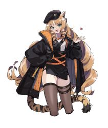 Rule 34 | 1girl, :d, animal ears, arknights, black coat, black hat, black skirt, blonde hair, blush, bow, bowtie, brown thighhighs, coat, collared shirt, cropped legs, drill hair, earpiece, fangs, green eyes, hand on own hip, hand up, hat, heart, high-waist skirt, highres, jewelry, long hair, long sleeves, looking at viewer, miniskirt, open clothes, open coat, open mouth, orange bow, orange bowtie, ring, ringlets, shirt, simple background, skirt, smile, solo, standing, swire (arknights), tail, thigh strap, thighhighs, tiger ears, tiger girl, tiger tail, vegetable noda, very long hair, white background, white shirt, zettai ryouiki