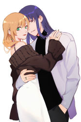 Rule 34 | 1boy, 1girl, alternate costume, arm around waist, black nails, bra strap, brown hair, brown sweater, closed mouth, coat, contemporary, couple, cowboy shot, dress, earrings, gintama, green eyes, hand in pocket, hand on another&#039;s shoulder, heads together, ikumatsu, jewelry, katsura kotarou, light smile, long hair, long sleeves, looking at viewer, maosen, nail polish, off-shoulder sweater, off shoulder, one eye covered, parted lips, purple eyes, purple hair, red lips, ring, simple background, sleeves past wrists, sweater, turtleneck, white background, white coat, white dress