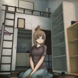 Rule 34 | 1girl, brown hair, faucet, female focus, grey eyes, indoors, ladder, on floor, original, picture frame, room, roomscape, short hair, sitting, solo, wariza, wooden floor, yajirushi (chanoma)