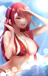 Rule 34 | 1girl, absurdres, bad id, bad pixiv id, bare arms, bare shoulders, bikini, blush, breasts, cleavage, collarbone, earrings, fang, highres, hololive, houshou marine, houshou marine (summer), in water, jewelry, kazanock, large breasts, long hair, looking at viewer, navel, necklace, one eye closed, outdoors, parted lips, red bikini, red hair, skin fang, smile, solo, sunlight, swimsuit, virtual youtuber, water, yellow eyes