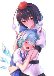 Rule 34 | 2girls, black hair, blue bow, blue dress, blue hair, blush, bow, cirno, closed eyes, closed mouth, collared shirt, comforting, commentary request, crying, detached wings, dress, hair bow, hand on another&#039;s head, hat, height difference, highres, hug, ice, ice wings, multiple girls, neck ribbon, open mouth, pinafore dress, pointy ears, pom pom (clothes), puffy short sleeves, puffy sleeves, red eyes, red headwear, red ribbon, ribbon, roke (taikodon), shameimaru aya, shirt, short sleeves, simple background, sleeveless dress, tassel, tears, tokin hat, touhou, upper body, white background, white shirt, wings