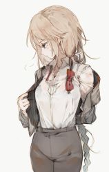 Rule 34 | 1girl, puff of air, arm behind back, black bra, blonde hair, blue eyes, bra, bra visible through clothes, braid, check commentary, closed mouth, collared shirt, commentary request, cowboy shot, expressionless, frown, g36 (girls&#039; frontline), girls&#039; frontline, gradient hair, half-closed eyes, hand up, hatching (texture), head down, imoko (imonatsuki), jacket, lace, lace-trimmed bra, lace trim, linear hatching, long braid, long hair, looking away, multicolored hair, narrowed eyes, off shoulder, open clothes, open jacket, profile, see-through, shirt, sigh, silver hair, simple background, single braid, sketch, pants, solo, sweatdrop, swept bangs, underwear, undressing, untied, very long hair, white background, white shirt