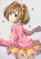 Rule 34 | 1girl, ahoge, blush, cardigan, commentary request, dress, green eyes, grey background, heart, heart ahoge, highres, idolmaster, idolmaster cinderella girls, light brown hair, long hair, looking at viewer, looking to the side, open cardigan, open clothes, pink sweater, sato shin, scrunchie, simple background, smile, solo, sparkle, sweater, takeashiro, thighs, tongue, tongue out, twintails, white background, yellow dress