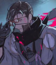 Rule 34 | 1boy, black gloves, black hair, black scarf, blood, blood on clothes, blood on face, blood splatter, blue background, expressionless, unworn eyewear, fate/grand order, fate (series), glasses, gloves, grey jacket, grey kimono, hair over one eye, hair pulled back, hand up, haori, highres, holding, holding removed eyewear, jacket, japanese clothes, kimono, looking at viewer, male focus, mask, mouth mask, parted lips, pink blood, profile, purple eyes, scarf, short hair, sideways glance, solo, teria (teriarian), upper body, yamanami keisuke (fate)