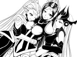 Rule 34 | 3girls, arm hug, armor, arms around waist, between breasts, breastplate, breasts, cleavage, clenched teeth, cowboy shot, detached sleeves, diana (league of legends), dutch angle, ear protection, eye contact, fake horns, fingerless gloves, flipped hair, forehead protector, from side, gem, girl sandwich, gloves, greyscale, hand on another&#039;s head, helmet, horned headwear, horns, hug, large breasts, league of legends, leona (league of legends), long hair, looking at another, looking at viewer, monochrome, multiple girls, oldlim, one eye closed, pauldrons, rivalry, sandwiched, shoulder armor, simple background, sweatdrop, syndra, tears, teeth, vambraces, very long hair, wince