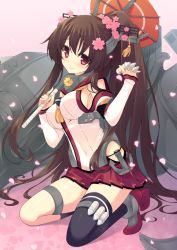 Rule 34 | 10s, 1girl, breasts, brown hair, cherry blossoms, detached sleeves, flower, flower on head, hair flower, hair ornament, kantai collection, kneeling, long hair, looking at viewer, machinery, medium breasts, miko (royal milk), petals, pleated skirt, ponytail, red eyes, sideboob, skirt, smile, solo, very long hair, yamato (kancolle)