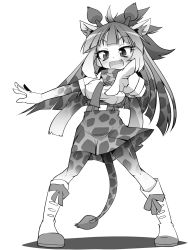 Rule 34 | 10s, 1girl, :d, animal ears, animal print, belt, bodystocking, boots, extra ears, eyebrows, fang, full body, giraffe ears, giraffe horns, giraffe print, greyscale, high-waist skirt, highres, horns, kemono friends, layered sleeves, long hair, long sleeves, monochrome, moyachii, multicolored hair, open mouth, outstretched arm, outstretched hand, pointing, pointing at viewer, print skirt, reticulated giraffe (kemono friends), scarf, shirt, short over long sleeves, short sleeves, simple background, skirt, smile, solo, standing, tail