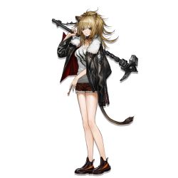 Rule 34 | 1girl, animal ears, arknights, axe, bare shoulders, black coat, black footwear, black nails, blonde hair, boots, breasts, candy, cleats, cleavage, coat, collarbone, expressionless, female focus, food, full body, fur-trimmed coat, fur-trimmed jacket, fur trim, hair between eyes, holding, holding axe, holding food, infukun, jacket, large breasts, lion ears, lion tail, lollipop, long hair, looking at viewer, matching hair/eyes, nail polish, official art, short shorts, shorts, siege (arknights), solo, staff, standing, studded choker, tail, tank top, transparent background, war hammer, weapon, white tank top, yellow eyes