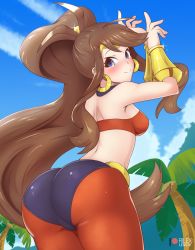 Rule 34 | 1girl, ass, blush, breasts, brown hair, cosplay, creatures (company), earrings, eyebrows, game freak, hilda (pokemon), huge ass, jewelry, long hair, nintendo, pokemon, pokemon bw, ponytail, rilex lenov, shantae, shantae (cosplay), shantae (series), sky, smile, solo, thick thighs, thighs, wide hips