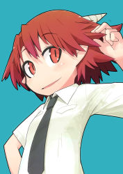 Rule 34 | 1girl, blush, collared shirt, horns, kamonari ahiru, looking at viewer, necktie, original, playing with own hair, pointy ears, red eyes, red hair, shirt, short hair, smile, solo